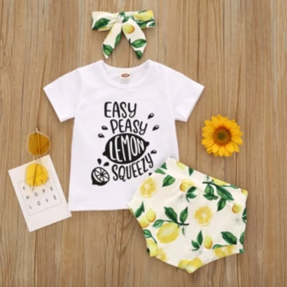 Easy Peasy Lemon Squeezy Toddler Girl Outfit Set Lemon Print Bummies Graphic Tee